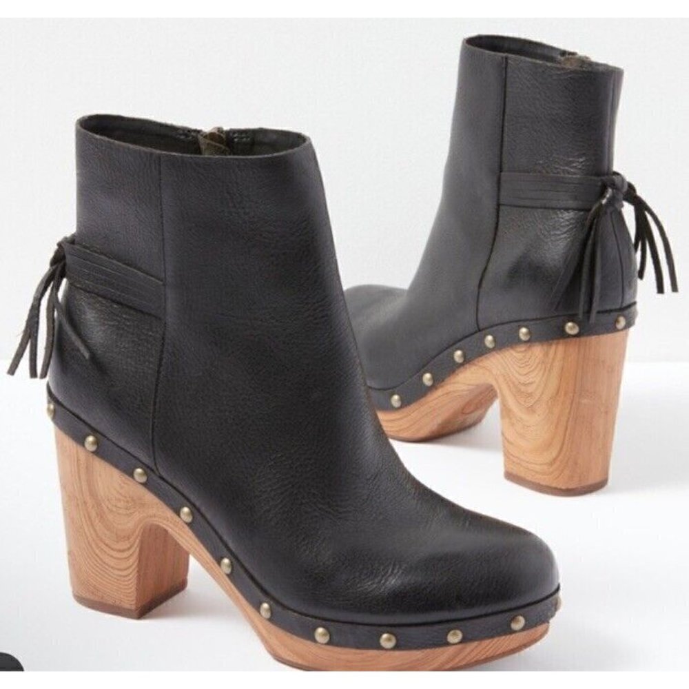 Kork-Ease Black Leather Wood-Stacked Heel Ankle Boots